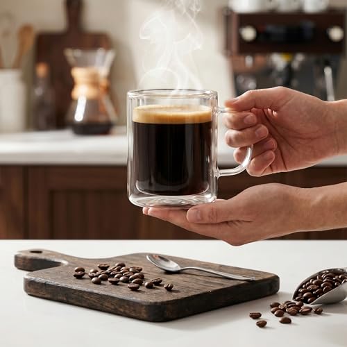 4PCS 12OZ Double Walled Glass Coffee Mugs, 350ml Borosilicate Glass Coffee Cups Insulated Coffee Mug with Handle Clear Heat Resistant Hot/Cold Beverages Dishwasher Safe Cappuccino Tea Latte