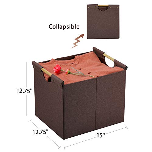 HOONEX Large Collapsible Storage Bins, Linen Fabric, 2 Pack, Storage Baskets with Wooden Carry Handles and Sturdy Heavy Cardboard, for Home, Office, Car, Nursery, Brown - color: Brown