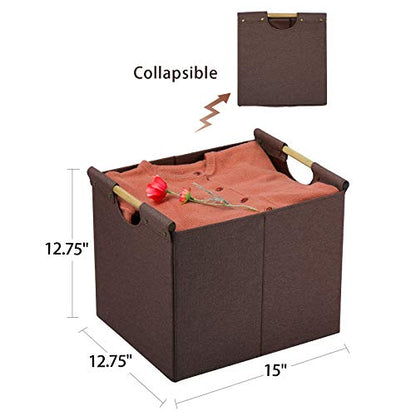 HOONEX Large Collapsible Storage Bins, Linen Fabric, 2 Pack, Storage Baskets with Wooden Carry Handles and Sturdy Heavy Cardboard, for Home, Office, Car, Nursery, Brown - color: Brown
