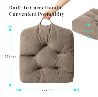 Floor Pillow Cushion with Handle for Adults Women Men | Large Meditation & Sitting Cushion Pillow for Tatami, Living Room, Yoga (1, Brown, Square, 22" x 22" x 6") - color: Brown, Square