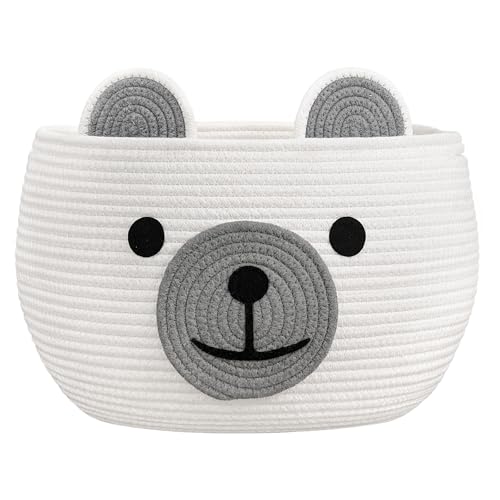 Large Baby Basket for Gifts Empty, Cute Bear Design, White | 15.7" x 10.5" Baby Shower Basket With Handles, Cotton Rope Basket for Toys Diaper Caddys Storage, Fits Living Room Nursery - color: White, size: 15.7"D x 10.5"H