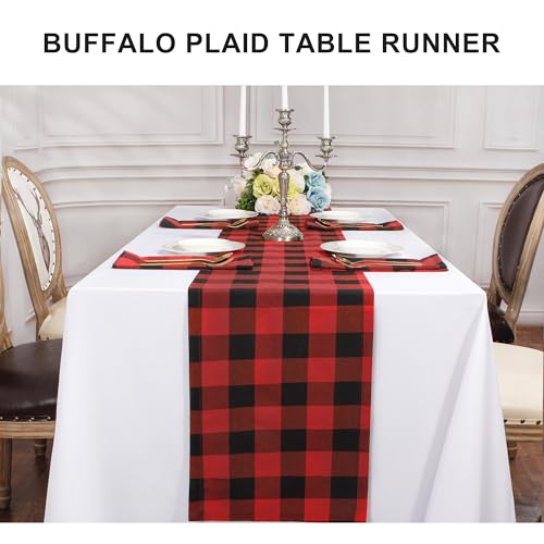 Buffalo Plaid Cotton Blend Table Runner - Classic Farmhouse Check Collection, 14x108 Inches, Red and Black - color: Red and Black, size: 14*108inch