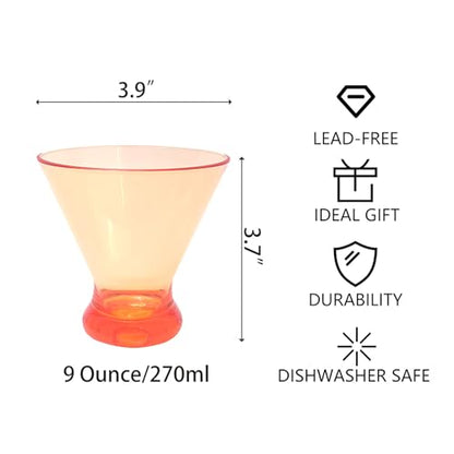 Set of 6 Martini glass 9 oz Stemless Glasses,Heavy Base Stable Cocktail/Drink/Juice/Red Wine Glasses,Fits Ice Cream/Milkshakes,Dishwasher Safe,Ideal Gift for Home Party (Orange) - color: Orange