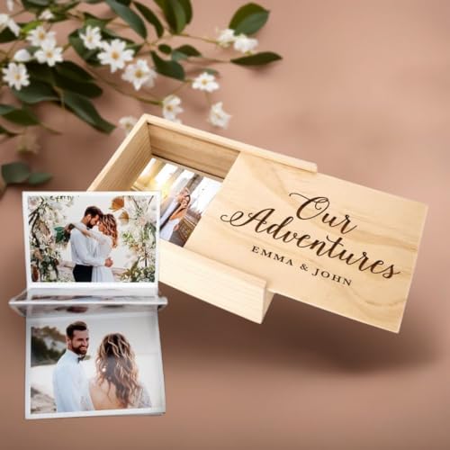 Koyal Wholesale Custom Engraved Cursive Our Adventures Wedding Keepsake Box, 4 x 6 -inch, Custom Names, Natural Wood Keepsake Box with Lid, Gift for Him & Her Photo Album Memory Gift Box - color: Cursive Our Adventures