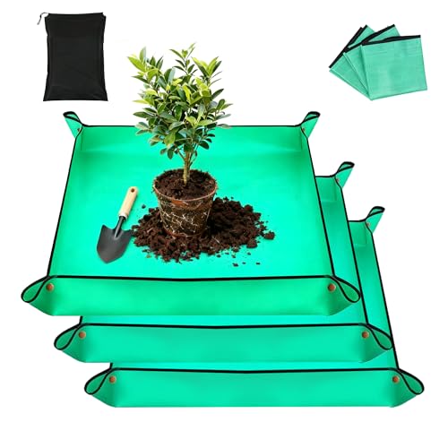 3Packs Repotting Mat, 26.8x26.8 Inch Thickened High Density PE Waterproof | Gardening Tray for Plant Transplanting, Portable Foldable Potting Soil Mat with Storage Bag for Indoor Outdoor Plant Care