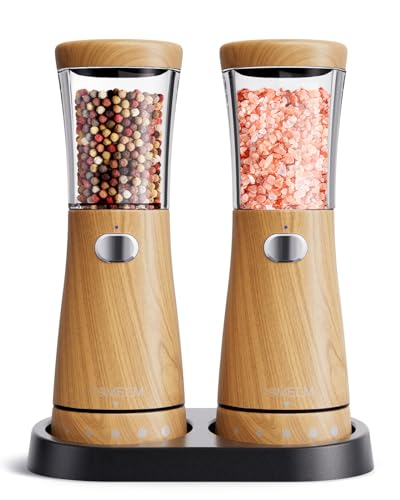 Electric Salt and Pepper Grinder Set with Storage Base, Stainless Steel Rechargeable Salt and Pepper Grinder Set with 4.5 oz Large Capacity, 1.8" Wide Mouth, Adjustable Coarseness, Ideal for Kitchen - color: Light Wood Grain
