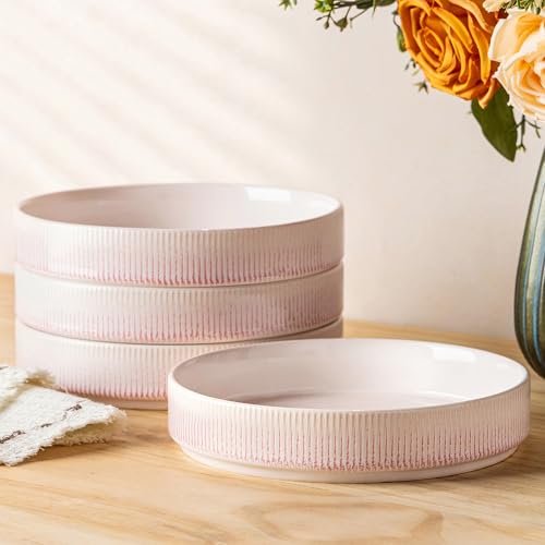 7.5" Ceramic Pasta Bowls Set of 4, Salad Bowls | Versatile Serving Bowls for Pasta, Salad, Fruit & Noodles, Housewarming & Wedding Gift, Primrose Pink - color: Primrose Pink, size: 7.5 Inch