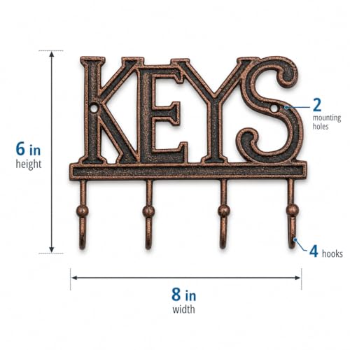 Comfify Copper-Black Cast Iron Key Holder for Wall – Keys Sign with 4 Hooks | Warm copper and black antique finish; mounting hardware included; entryway, hallway or door; 6"H x 8"L; holds 8 keychains - color: Copper with Black