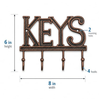 Comfify Copper-Black Cast Iron Key Holder for Wall – Keys Sign with 4 Hooks | Warm copper and black antique finish; mounting hardware included; entryway, hallway or door; 6"H x 8"L; holds 8 keychains - color: Copper with Black