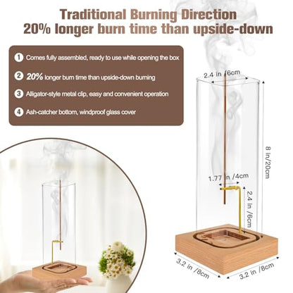 Incense Holder for Sticks: Incense Stick Holder with Wood Base | Top Side Burning Design Extends More Time -Removable Ash Collection Glass - Installation-Free - for Yoga Home Decor