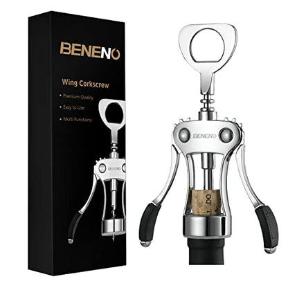 Beneno Wine Opener, Premium Wing Corkscrew Wine Bottle Opener, Silver | Durable Solid Zinc Alloy Body, Precise Sharp-Edged Screw, Ergonomic Non-Slip Grip Wing Handle, Multifunctional Bottle Openers - color: Silver