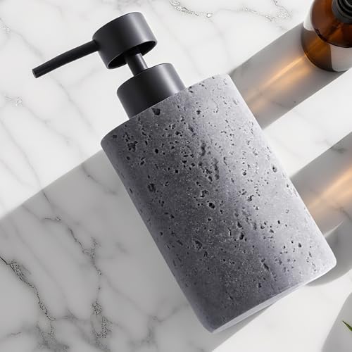 Clasin Home 2 Pack Gray Resin Soap Dispensers, Refillable Liquid Lotion Dispenser Bottles with Travertine-Look for Bathroom and Kitchen Countertop, Modern Stone Texture (10.8 oz) - color: Gray