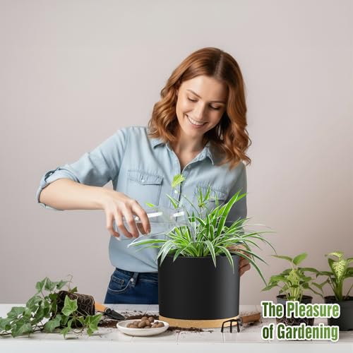 10/9/8 Inch Plant Pots 3 Pack, with Drainage Hole & Saucers | Cylindrical plastic planters with drainage holes & saucers. Modern matte finish, lightweight & durable for indoor/outdoor use - color: Matte Black&brown