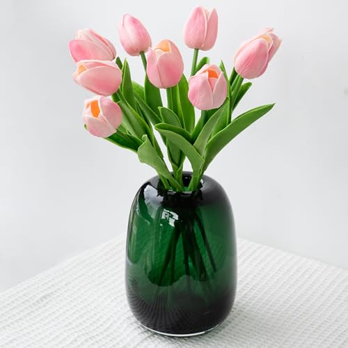 Relexome Dark Green Glass Flower Vase for Centerpieces Flowers 6.7 Inch Round Modern Glass Bud Vase Decorative Vases for Home Decor, Living Room, Dining Table, Entryway, Shelf, Office - color: Green