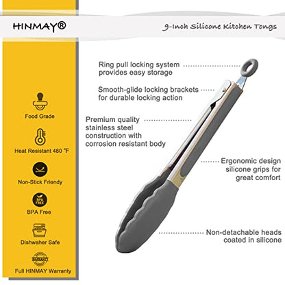 HINMAY Locking Kitchen Tongs with Silicon Tips 9-Inch, Set of 3 (Gray) - color: Gray
