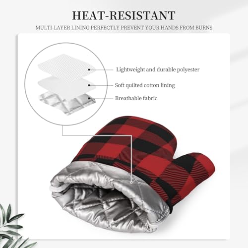 Red Black Buffalo Plaid Checker Oven Mitts and Pot Holders Set Silicone Heat Resistant Red Black Checker Kitchen Gloves Set Plaid Kitchen Mittens Pot Holders for BBQ Cooking - color: Red Black