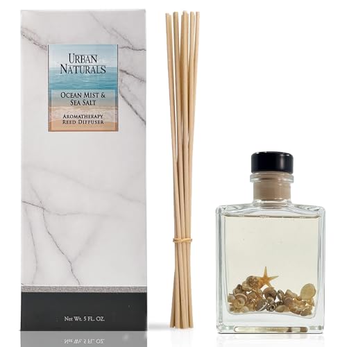 Reed Diffuser Set, Ocean Mist & Sea Salt - Bathroom Décor | Made with Essential Oils & Real Botanicals, Sleek Rectangular Refillable Glass Bottle, Made in the USA - color: Ocean Mist & Sea Salt