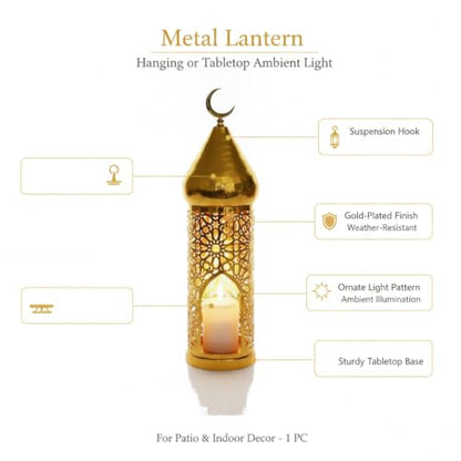 Hang or Display Decorative Metal Lantern with Gold-Plated Finish for Ambient Candle Lighting