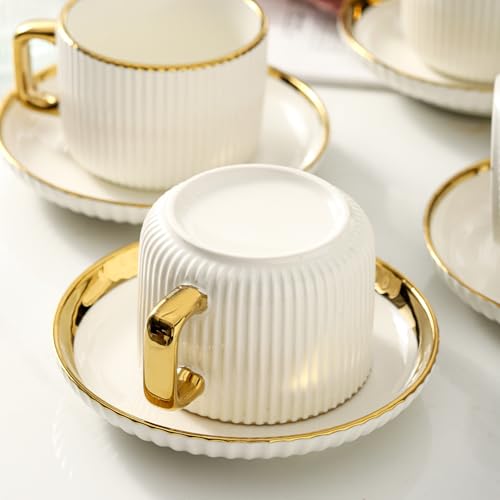 LETAOTAO Cappuccino Cups with Saucers, 8oz Ceramic Coffee Cups with Saucers Set, Latte Art Coffee Mugs with Gold Trim, Tea Cups Set of 4, British/Italian Coffee cups for Cafe Mocha, Double Espresso - size: 8 Ounces