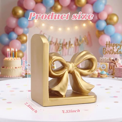 SiliFine 2 Pcs Gold Bow Bookends Cute Resin Bookends Heavy Duty Decorative Book Stand Decor Sculpture Statues Tabletop Shelf Ornament for Desk Home Office Decoration Teacher Back to School Gifts