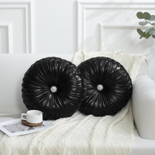 HIG Set of 2 Black Metallic Leather Decorative Round Pleated Throw Pillows | Vintage Floor Pillows, Classy Accent Pumpkin with Center Button, for Sofa Couch Vanity Chair Bed, 14.5" Diameter - color: R-black