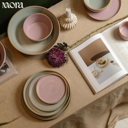 Mora Medium Dishes Set of 4, 35oz Ceramic Pottery Pasta Plate/Wide Bowls - Microwave, Oven and Dishwasher Safe - Mist - color: Mist