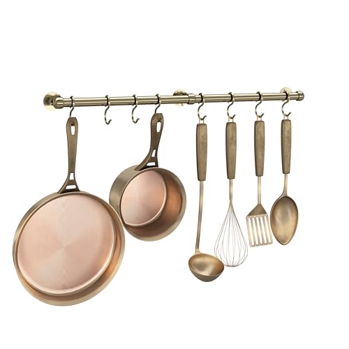 ROTHLEY Stainless Steel Hanging Pot Rack Hanger: 23.7 Inch Pot and Pan Hanger Wall Mounted Hanging Pot Bar Rack Heavy Duty Pot Hangers Kitchen Rail with 8 S Hooks (Antique Brass) - color: Antique Brass, size: 23.7 inch