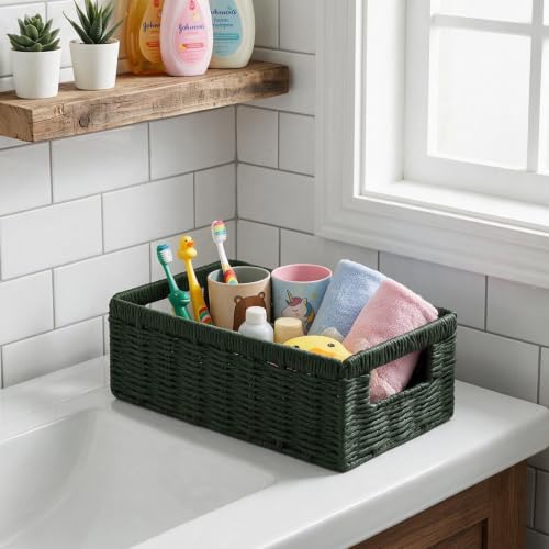 Paper Rope Wicker Baskets with Handles, Toilet Paper Basket for Toilet Tank Top, Small Wicke Baskets for Organizing Shelves (Green-2) - color: Green-2