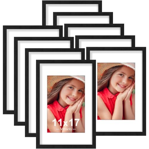 Vittanly 11x17 Picture Frames Set of 9, Shatter Resistant Plexiglass, Display 8x12 Pictures with Mat or 11x17 without Mat, Photo Frames for Wall Mount, Engineered Wood, Black - color: Black, size: 11x17