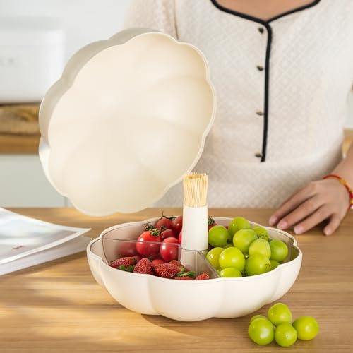 SKEPPY Divided Serving Tray with lid, Pumpkin snackle box container with 3 Compartments, Candy and Nut Serving Container for fruits, nuts, candies, and christmas snacks, White
