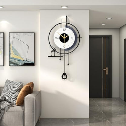 Modern Nordic Style Wall Clock Minimalist Creative Decorative Wall Clocks Silent Battery Powered Pendulum Clock Metal Frame + Wooden Dial Quartz Clock for Living Room Kitchen Bedroom Office, 13*25 in