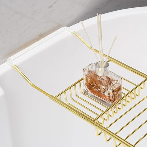 Bathtub Tray,Stainless Steel Shower Bathtub Caddy Tray with Removable Book Holder Red Wine Rack Holder, for Home Kitchen Bathroom,Gold