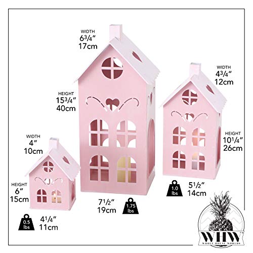 Pop Pink Town House Candle Lanterns, Set of 3, Metal, 15.75, 10.25, and 6 Inches Tall, - color: Pink