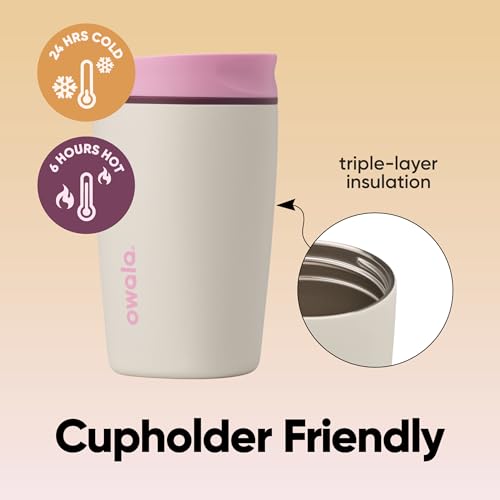 Owala SmoothSip Slider Insulated Stainless Steel Coffee Tumbler, Reusable Iced Coffee Cup, Hot Coffee Travel Mug, BPA Free 12 oz, Pink/Tan (Daybreak) - color: Daybreak, size: 12 Ounces, style: No Handle