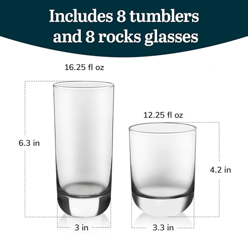 Polaris Tumbler & Rocks Drinking Glasses Set of 16, Clear Glass Cups | 16.25 oz and 12.25 oz Capacities for Water, Juice, Cocktails, and More with Dishwasher-Safe Convenience for Easy Cleanup - color: 05 - Polaris