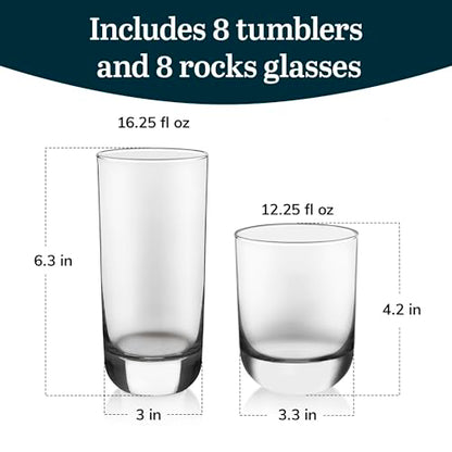 Polaris Tumbler & Rocks Drinking Glasses Set of 16, Clear Glass Cups | 16.25 oz and 12.25 oz Capacities for Water, Juice, Cocktails, and More with Dishwasher-Safe Convenience for Easy Cleanup - color: 05 - Polaris