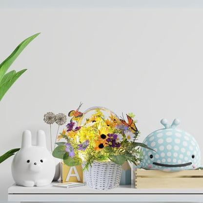 Eksen Artificial Flowers in Basket Vase with Lights, Faux Floral Arrangement for Table,Home Kitchen Centerpieces Party Decor