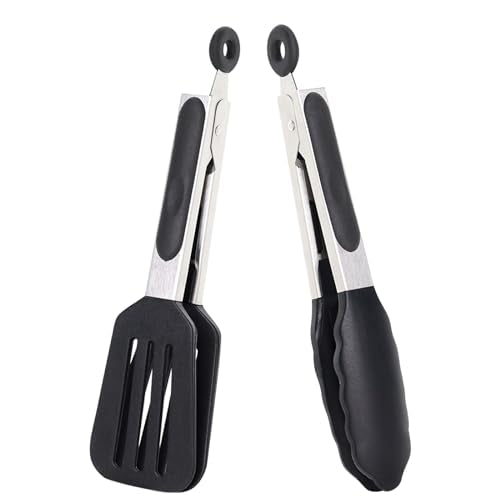 7 Inch Mini Silicone Serving Tongs with Silicone Tips Set of 2 | Stainless Steel Handle, Non-Scratch, Heat Resistant - color: Black, size: 7+7inch