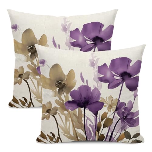 Spring Floral Pillow Covers 18x18 Inches Set of 2 Brown Purple Floral Throw Pillow Cover Outdoor Summer Flower Decoration Pillowcase Farmhouse Decorative Linen Cushion Cover for Home Couch - color: Flower- Brown Purple, size: 18" x 18" (Pack of 2)