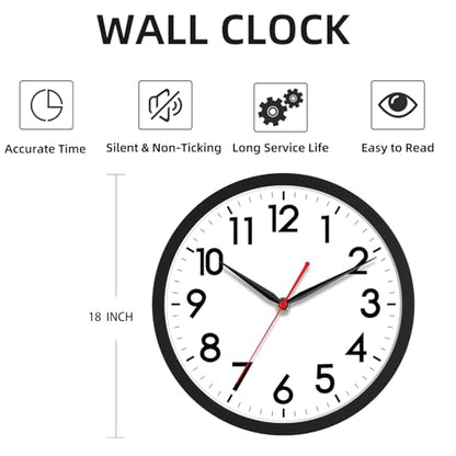 AKCISOT 18 Inch Wall Clock, Silent Battery Operated Analog Clock, Black | Large Size | Living Room | Kitchen | Classroom | Office | Easy to Read Numbers - color: A_black, size: 18 Inch
