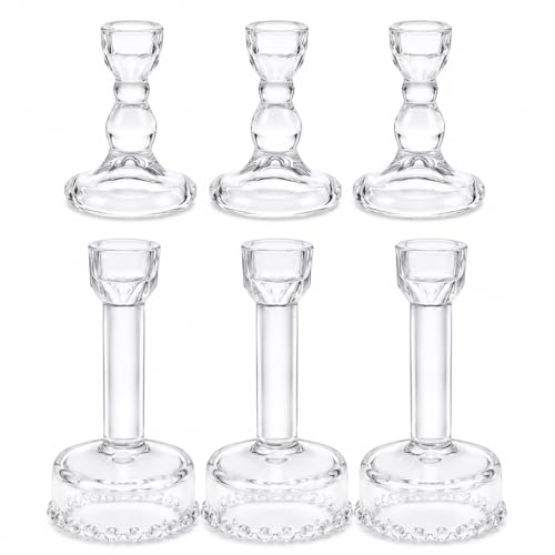 Lanttu 6 Pcs Clear Glass Candlestick Holders Taper Candle Holder Bulk | Crystal Candle Holders for Wedding, Table Centerpiece, Home Decoration - color: Clear