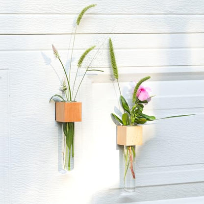Wooden Wall Planter Glass Plant Propagation Stations Fridge Glass Tube Single Stem Bud Vase 2Pcs/Set Modern Decorative Cube Wood Window Flower Vase Refrigerator Magnetic Mini Glass Vase with Dropper