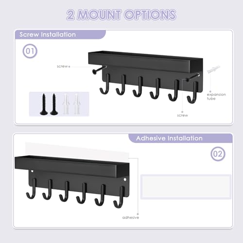 VIS'V Key Holder Wall Mount, Adhesive Key Rack with Tray, 6 Hooks, Black | 2 Mount Options, Compact Discreet Design, Suitable for Entryway, Hallway, Doorway, Kitchen, Garage, Camper - color: Black