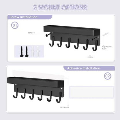 VIS'V Key Holder Wall Mount, Adhesive Key Rack with Tray, 6 Hooks, Black | 2 Mount Options, Compact Discreet Design, Suitable for Entryway, Hallway, Doorway, Kitchen, Garage, Camper - color: Black
