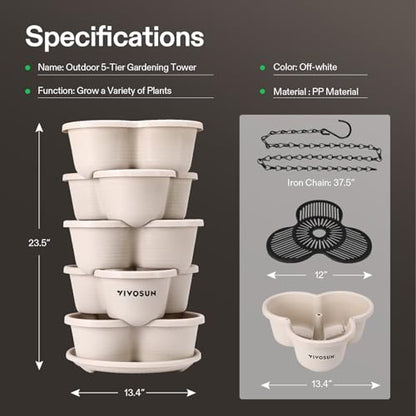 VIVOSUN 5 Tier Vertical Gardening Stackable Planter for Flowers, Ivory | Planter for Herbs, Vegetable - size: 1 Pack
