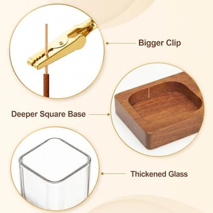 2 in 1 Upside Down Incense Holder Wooden Glass Burner Ash Catcher & Storage | Ash-proof upside-down 2-in-1 incense holder with glass catcher, wood base, storage, free brush, for yoga meditation spa decor