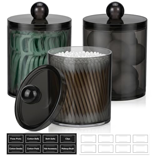 3 Pack Acrylic Qtip Holder Dispenser for Cotton Swabs, Balls, Floss Picks | Thick, Clear Black, w/ Labels - Small Canister Apothecary Jar Set, Bathroom Decor Essentials, Shelf Vanity Storage Organizer - color: Black-3 Pack