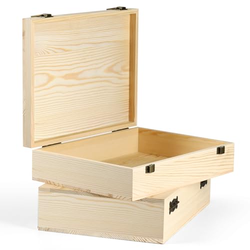Unfinished Wooden Box with Lid 12"x9"x3.1"Decor Storage Crafts Boxes | Natural Keepsake Memory Pine Wooden Boxes for Crafts, DIY, Painting, Wood Burning,Wood Gift Box- Ideal Gift & Home - size: Medium box of 2（12 x 9x3.1 Inch）