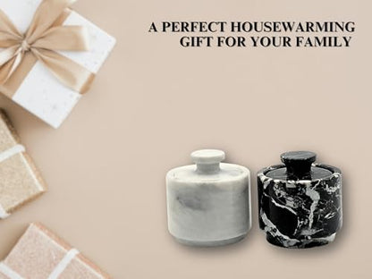 Premium Marble Salt Cellar with Lid 2 Pack | 3.5 oz Kitchen Storage Container | Elegant Cooking Salt Box | Spice Jar Keeper for Counter (White Black Zebra) - color: White Black Zebra