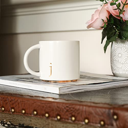 COLLECTIVE HOME Ceramic Coffee Mug, 15 oz Monogram Cup with Gift Box(j) | Dishwasher Safe, Engraved Gold Letter , Personalized Housewarming Birthday Present, Christmas Thanksgiving Mothers Day Gifts - color: gold-j